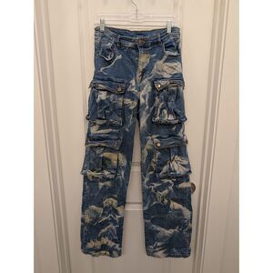Daisy Bleach Wash Acid Wash Cargo Pants Womens Medium Multi-Pocket Utility Jeans